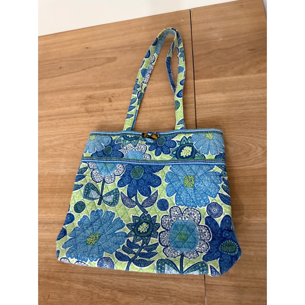 Vera Bradley Doodle Daisy Blue Green Quilted Cotton Floral Tote Shoulder bag